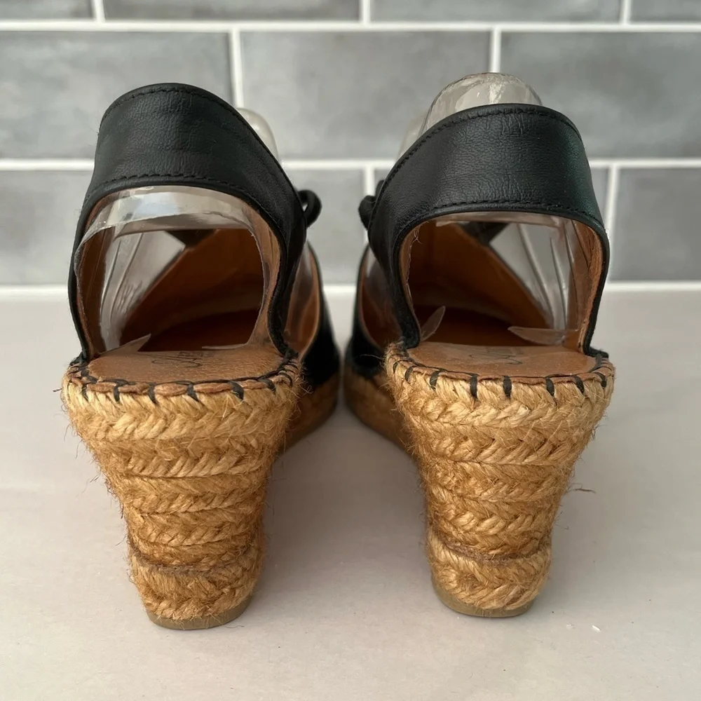 AZURA Black Leather Closed Toe Espadrille Wedges Size 10 Euro 40 Made in Spain